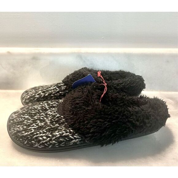 NWT Dluxe By DearFoams Memory Foam Knit Carol Scuff Slippers Black Medium/7-8 - Picture 1 of 7